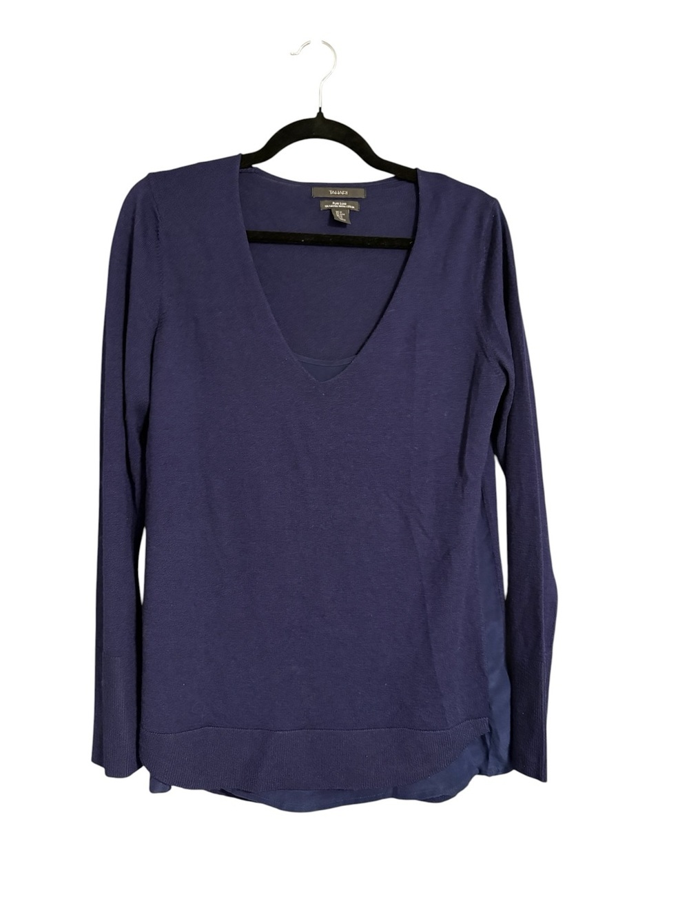 Tahari Pure Luxe Merino Wool Silk Sweater Top Size Medium Navy Blue